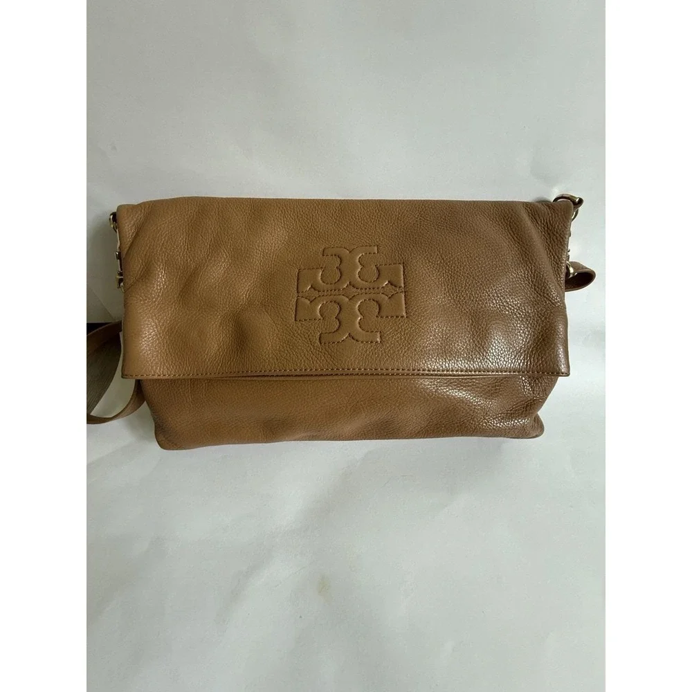 Beautiful Tory Burch Thea Fold-Over Crossbody in Tan Soft Pebbled Leather